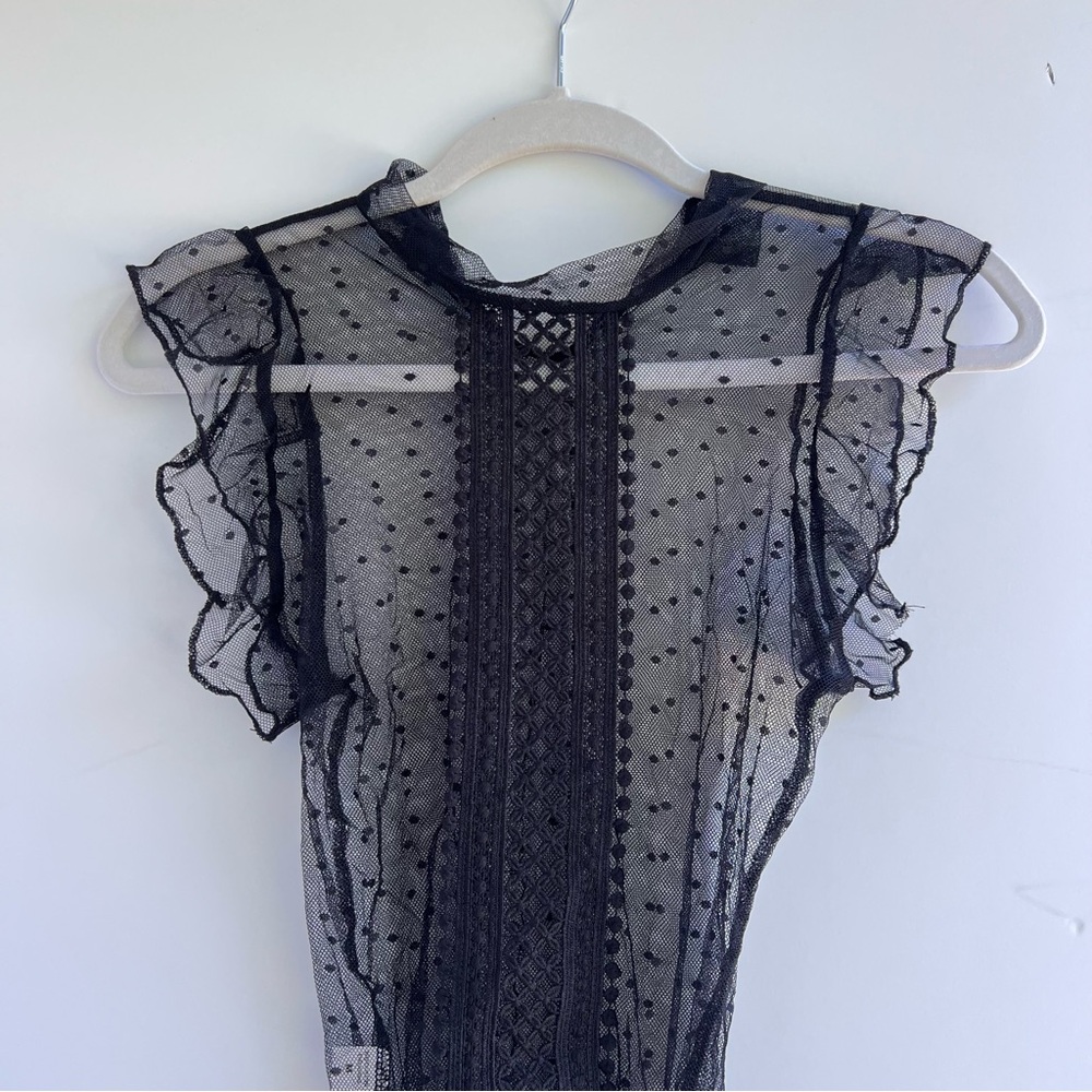 Sheer Black Lace Top with Ruffle Sleeves